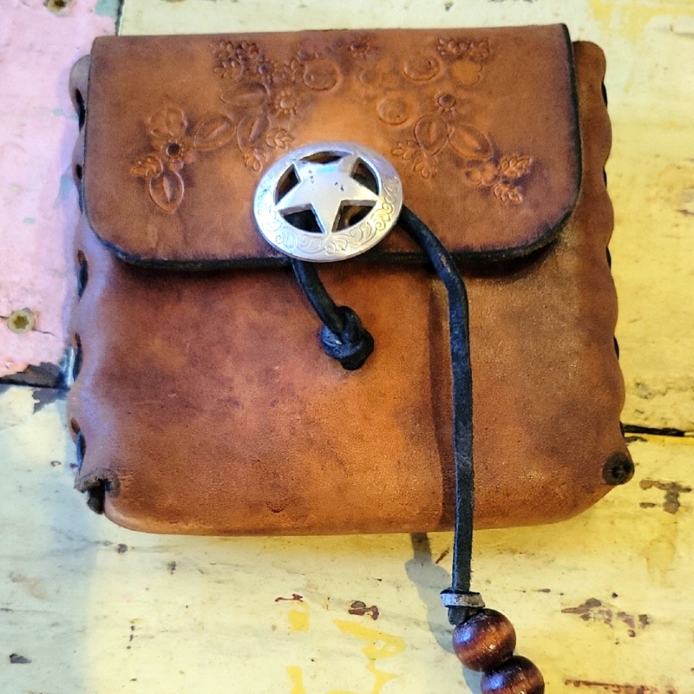 Brown Leather Embossed  Belt Pouch with Star Button